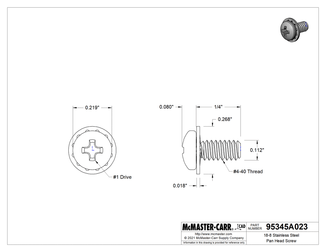 Technical Drawing of 18-8 Stainless Steel Pan Head Screw, with Internal-Tooth Lock Washer, 4-40 Thread Size, 1/4" Long.
